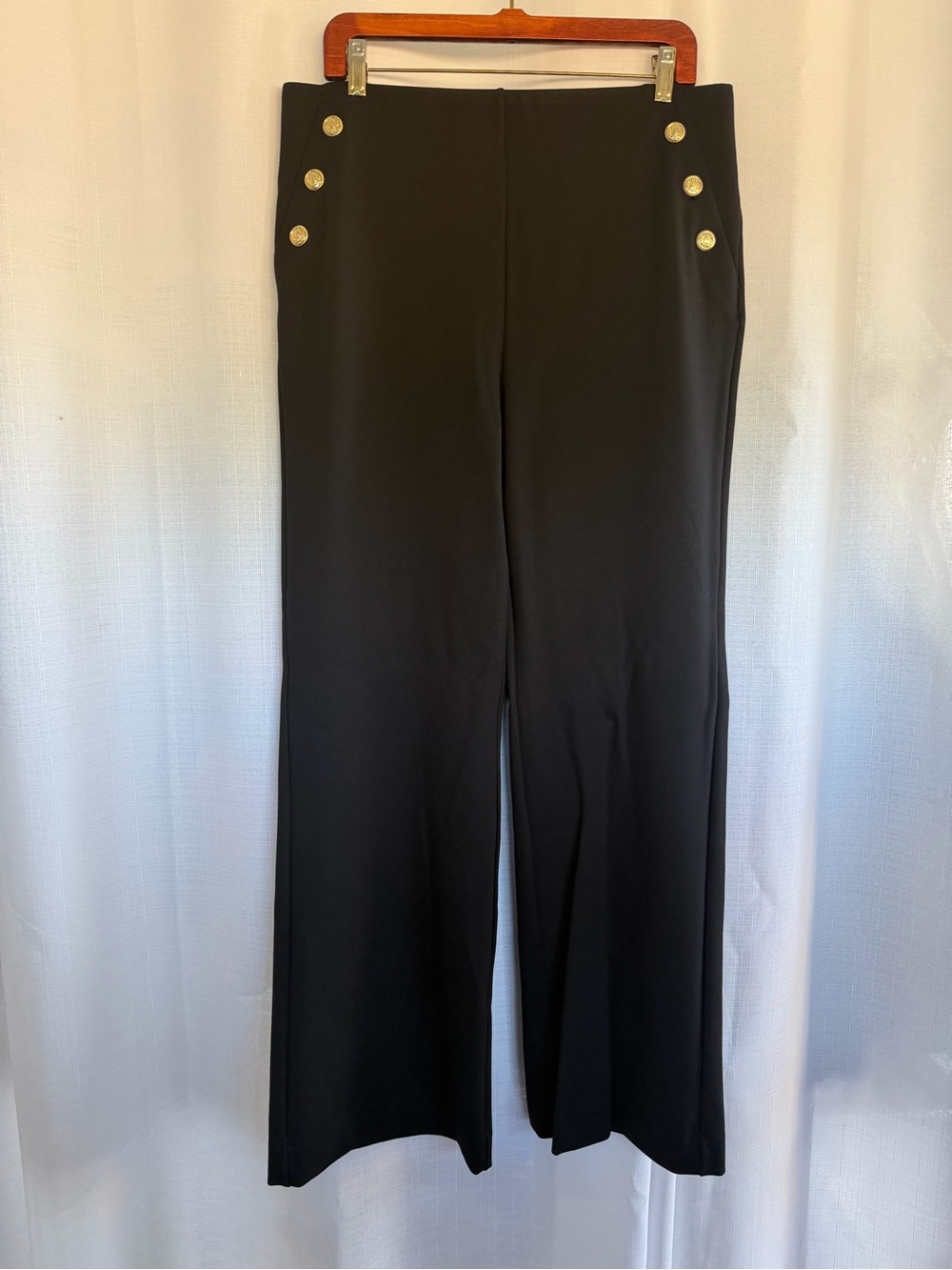 Chico’s So Slimming Flare Pants Size 12R Black Gold Button High Rise NWT